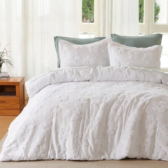 Joyfy Tufted Full Size Comforter Set, 3 Pieces White Boho Full Bedding Set with 1 Boho Flower Comforter and 2 Pillow Shams, Bed in a Bag for All Seasons