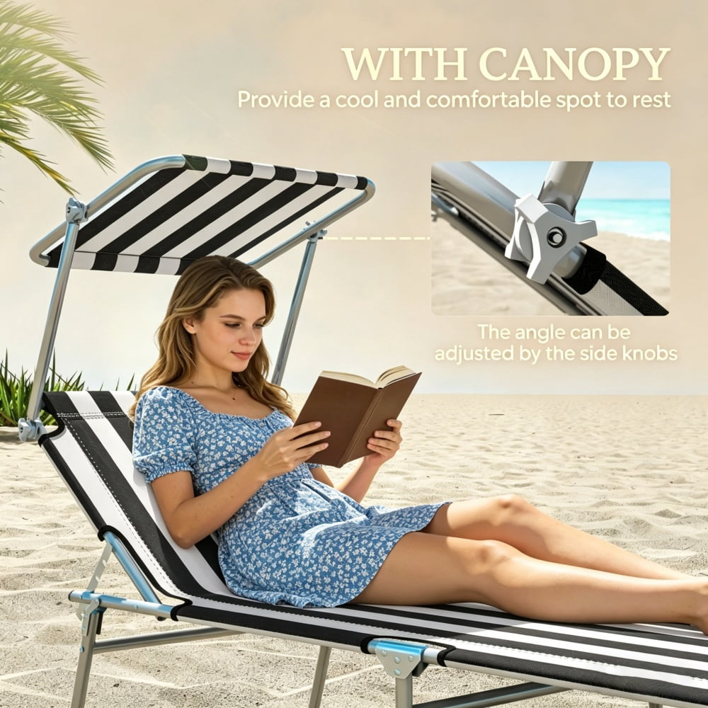 Outdoor Folding Chaise Lounge with Detachable Adjustable Awning, 4-Position Reclining Backrest, Metal Frame Oxford Cloth Sun Lounger, Lightweight Portable for Patio Garden Poolside Beach