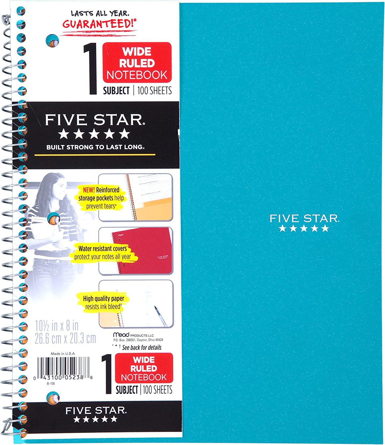 Five Star Spiral Notebook, 1 Subject, WideRuled Paper, 100 Sheets, 10