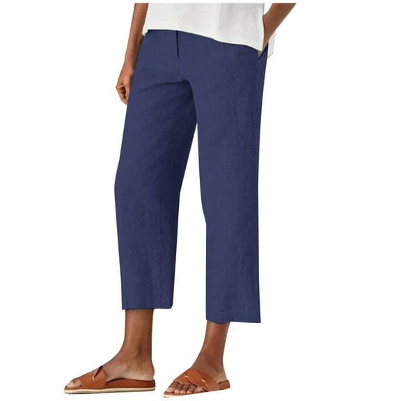 Womens Casual Pant Cotton Linen 3/4 Length Relaxed-Fit Pant with Pockets Summer Casual Breathable Palazzo High Waisted Elasticated Joggers for Sports Running