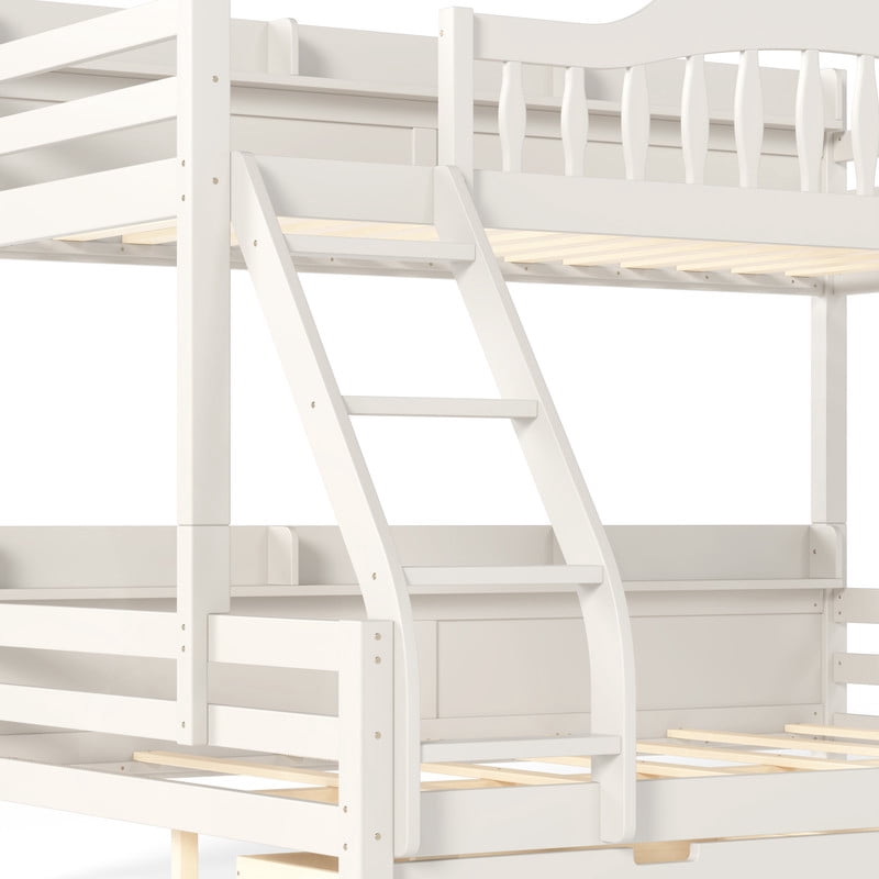 Twin-Over-Full Wood Bunk Bed with Curved Guardrail & Ladder, Chic Kids Storage Bed Frame with Drawers & Bedside Shelves