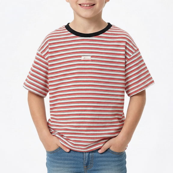 Kids T Shirts Short Sleeve Striped T Shirts Basic Tees Boys Tshirt, Size 2-12 Years