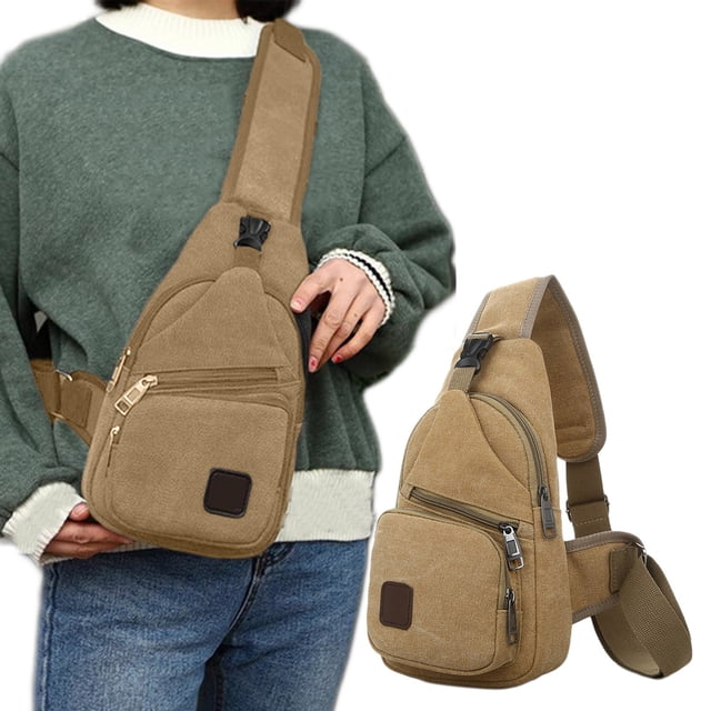 Bolsa de pecho cruzada de lona para hombres y mujeres – Mochila tipo cabestrillo de gran capacidad con correa ajustable, múltiples bolsillos, cremallera duradera, azul café verde caqui, 30x16x6cm