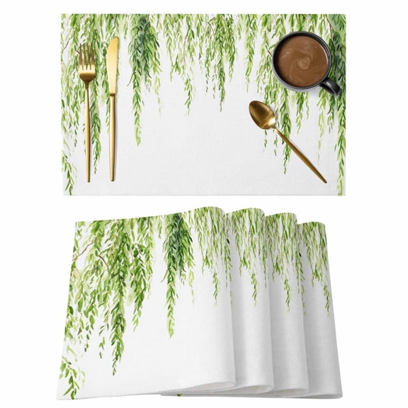 Green Placemats Set of 6, Summer Botanical Leaves Watercolor Placemats for Dining Table, Place Mats for Kitchen Tabletop, Waterproof Wipeable Dining Table Mats Set
