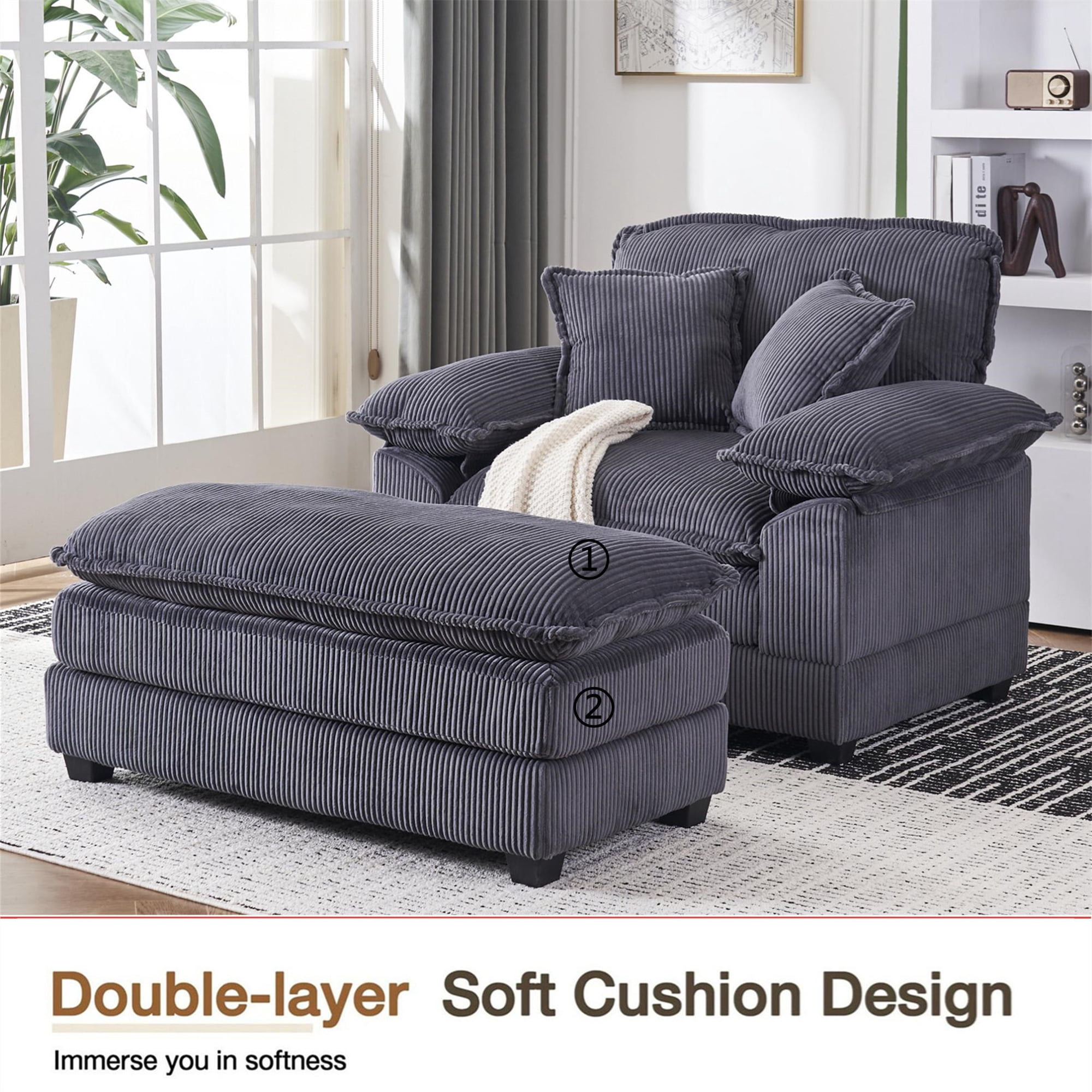 Aukfa Corduroy Modular Couch Deep Seat Sofa and Ottoman, Dual-layer Seat Cushion, 5Pillows, Gray