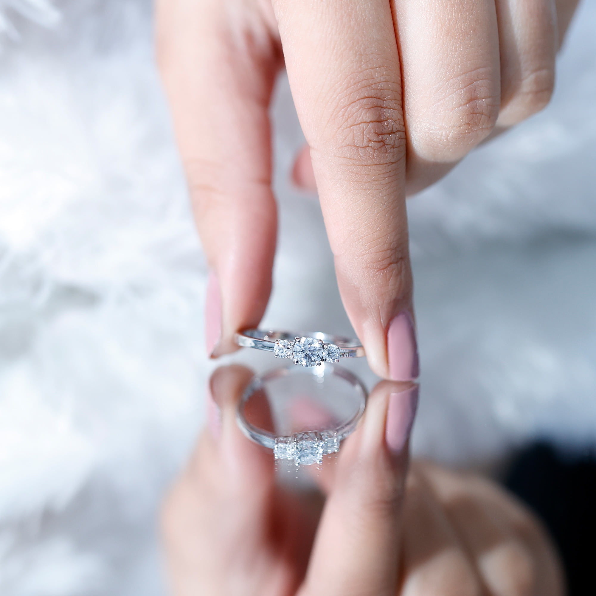 Rosec Jewels Lab Diamond 3 Stone Engagement Ring for Women - Past Present Future Ring - EF-VS Grade, 10K White Gold, US 4.50