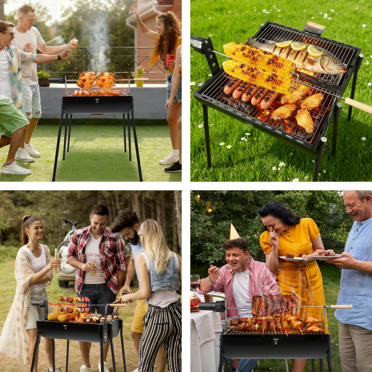 Linsen-outdoors Portable Rotisserie Charcoal Grill with Thermometer Double-sided Smoker Grill for Outdoor Patio Backyard Camping and Parties Black
