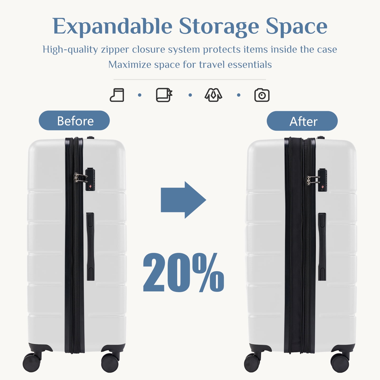 JIOABL 28 Inch Checked Luggage Expandable Hardside Suitcases with Rolling Spinner Wheels & TSA Lock, White