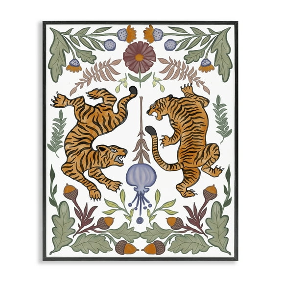 Stupell Industries Mirrored Plants with Tigers Animals Painting Black Framed Art Print Wall Art, 11 x 14