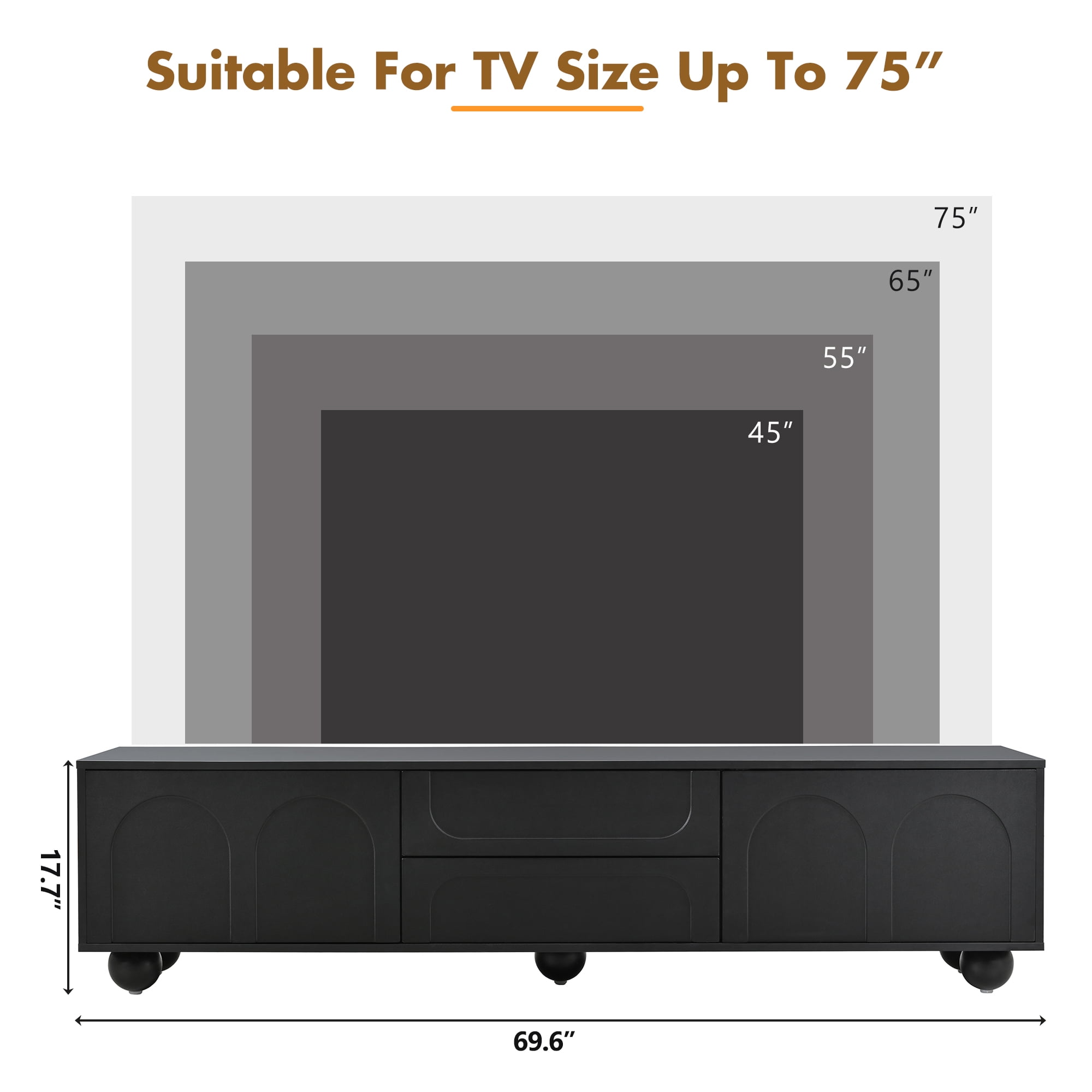 Black TV Stand for TVs up to 75", Modern Media Console with Arched Doors & 2 Drawers, Minimalist Entertainment Center with Press-Open Panels, 5 Round Metal Legs
