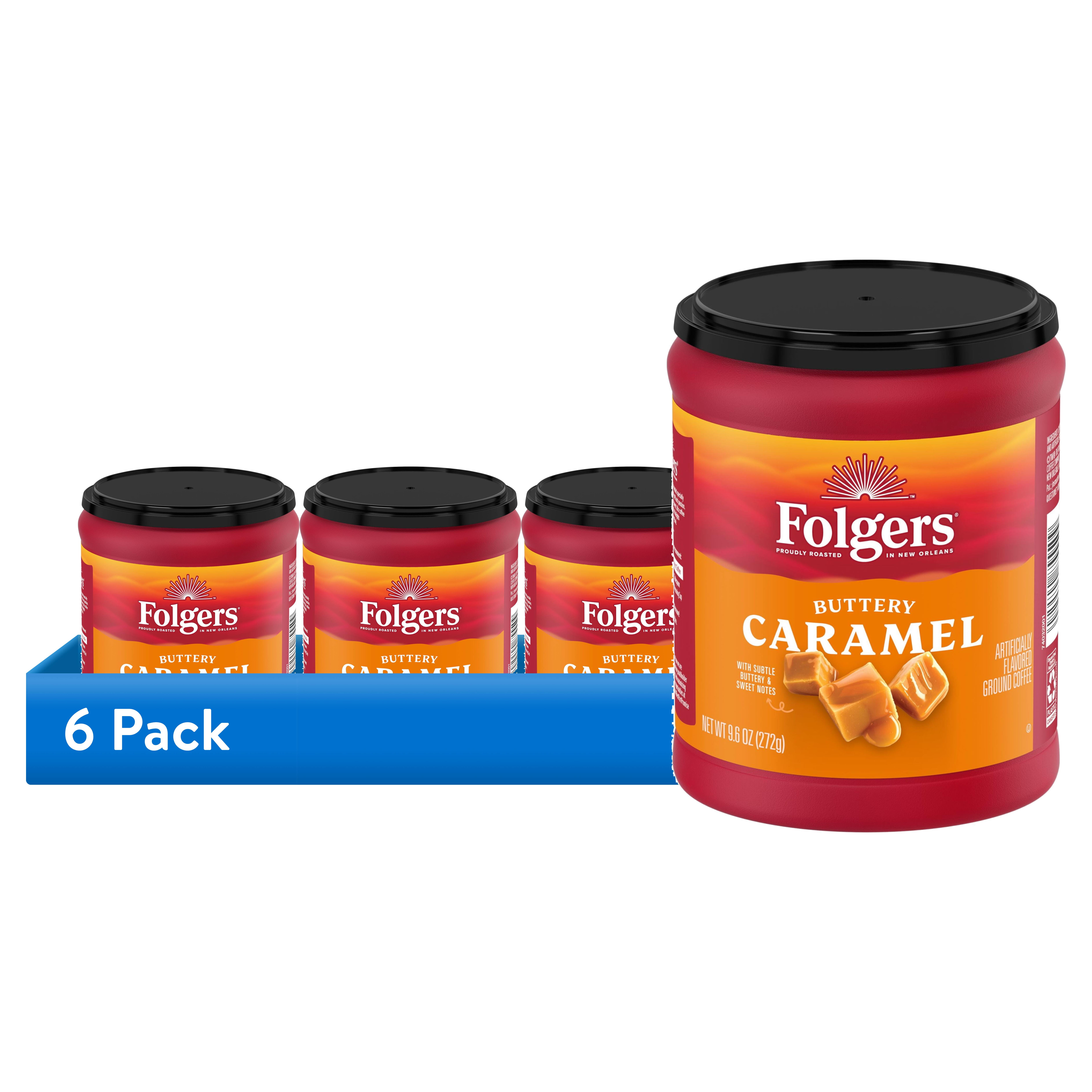 (6 pack) Folgers Buttery Caramel Artificially Flavored Ground Coffee, Medium Roast, 9.6 oz Canister