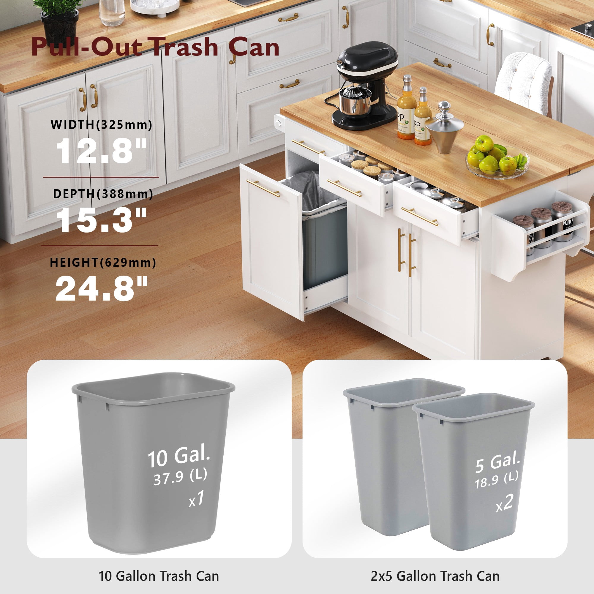 59.3" Kitchen Island with Storage 2 Pull Out Cabinet Organizers & Rubber Wood Drop Leaf, Rolling Kitchen Island with Trash Can Storage, Power Outlet, Spice & Towel Rack for Kitchen, Dining, White
