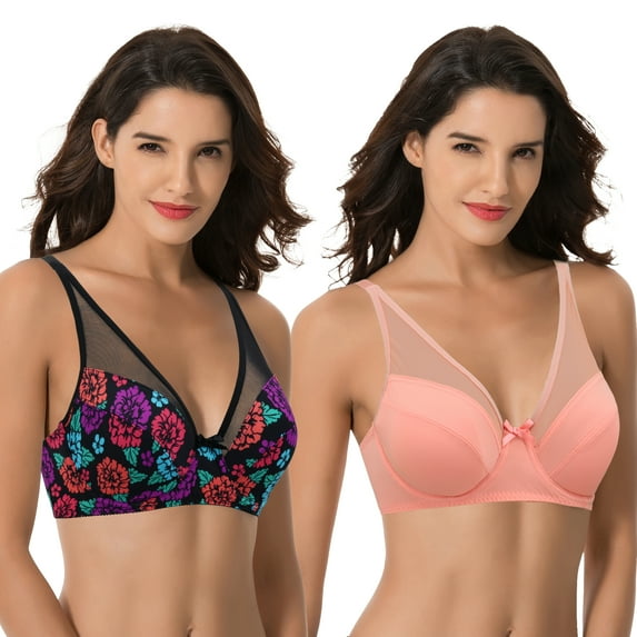 Curve Muse Plus Size Minimizer Underwire Bra with Floral and leopard Print-2pack-CORAL,BLACK PRINT (Size:48D)
