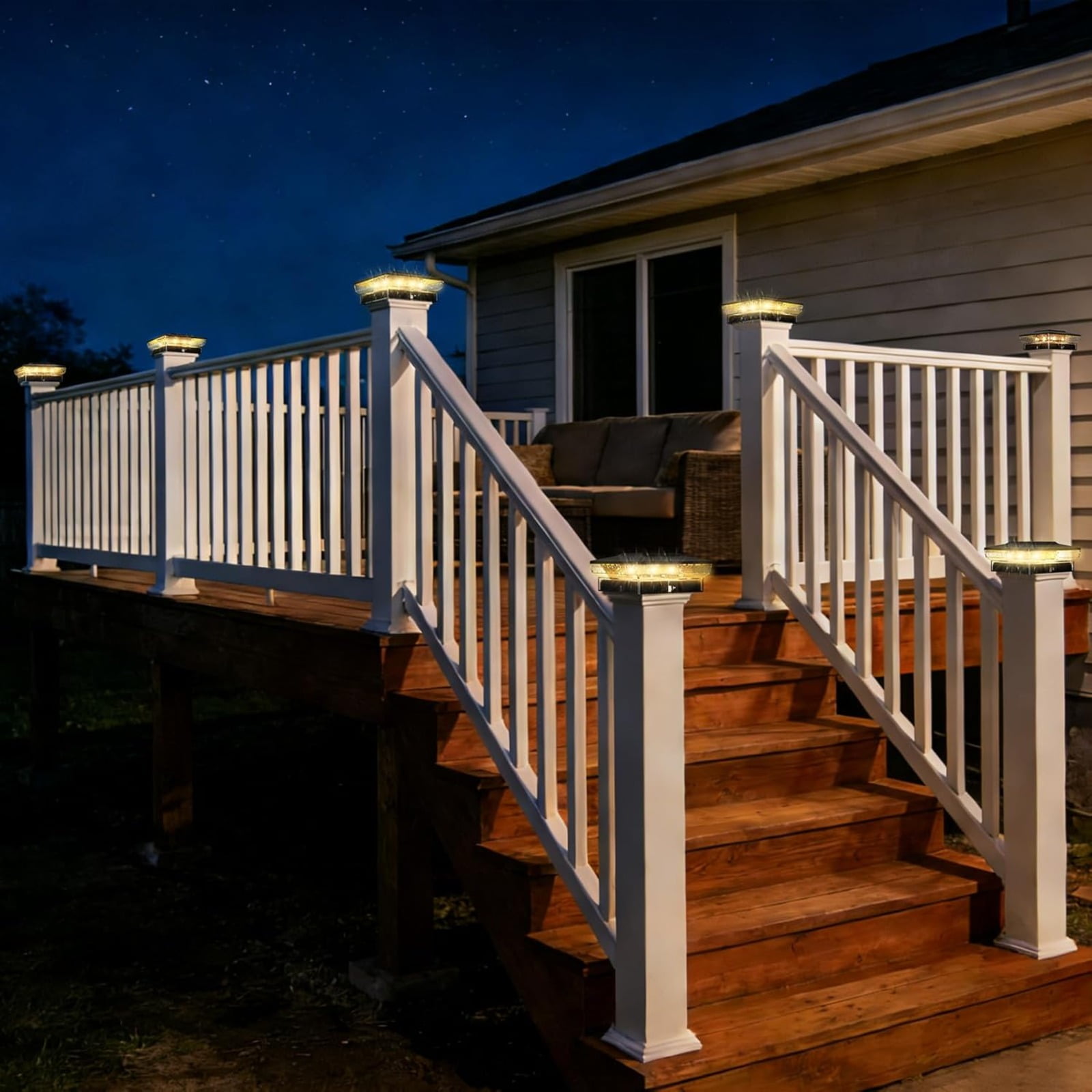 8 Pack Solar Post Cap Lights, 4x4 Outdoor Fence Lighting with 16 LED and 2 Modes, Waterproof Easy Install for Wood and Vinyl Posts, for Porch, Patio and Deck