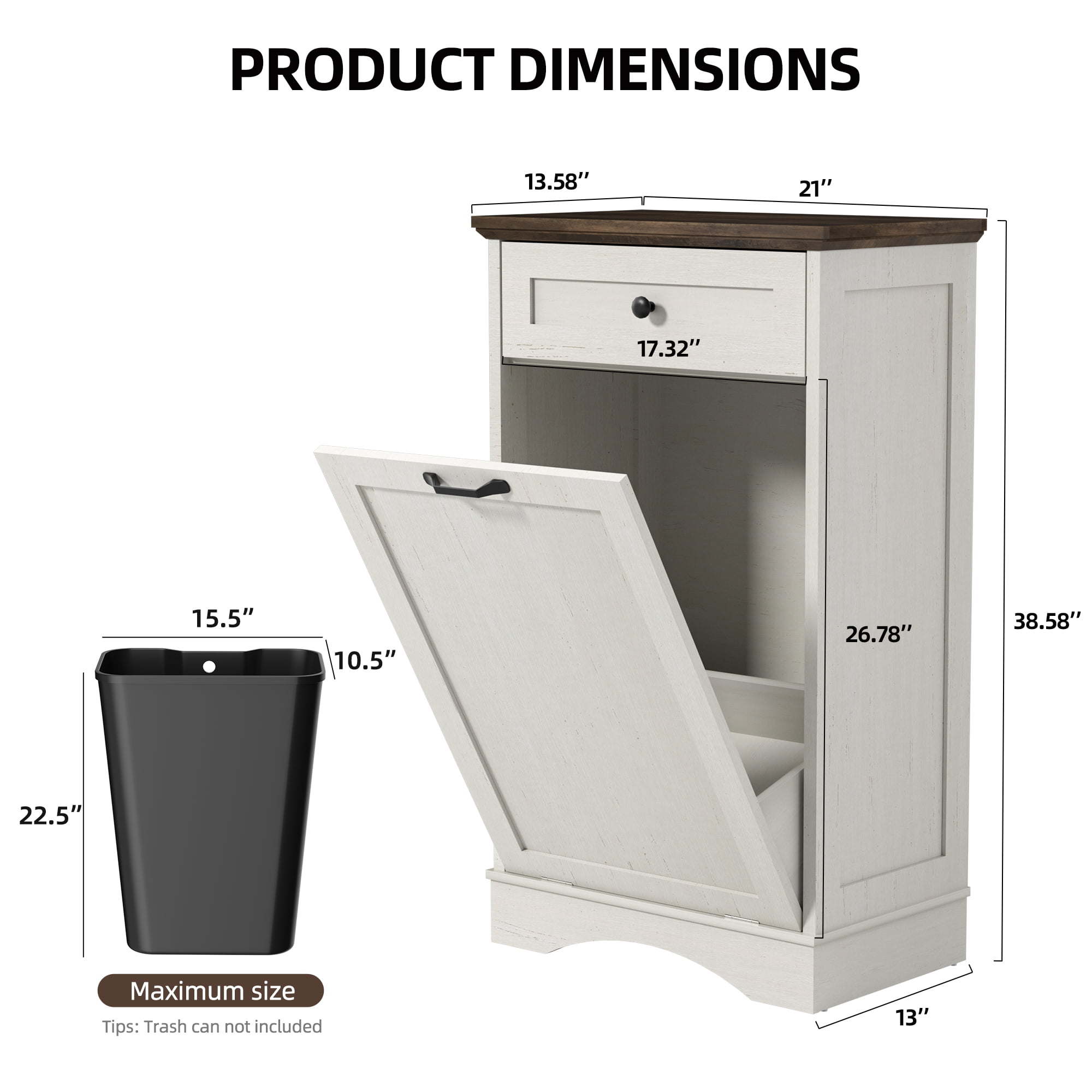 AHB 13 Gallon Tilt Out Kitchen Trash Cabinet with Drawer, Single Trash Can Storage Organizer, 20.9"L x 13.55"W x 38.5"H , White