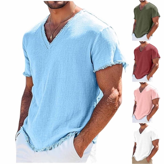 Men's & Big Linen Shirt with Short Sleeve Beach Hippie V Neck T Shirts Casual Summer Lightweight Tropical Shirts Size S-4XL White