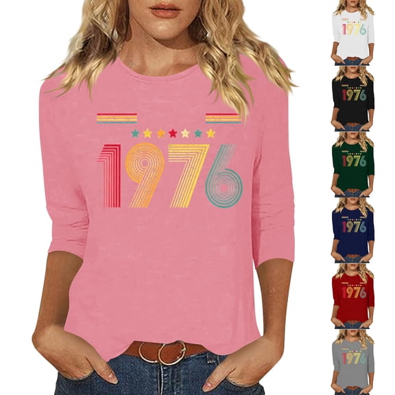 3/4 Length Sleeve Tees For Women 1976 Graphic Print Crew Neck Pullover Tops Casual Trendy Vintage T Shirts (XL, Pink)