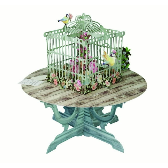 Notes & Queries Intricate Bird Cage with Colorful Flowers on Table 3D Pop Up Laser Cut Premium Paper D'Art Greeting Card