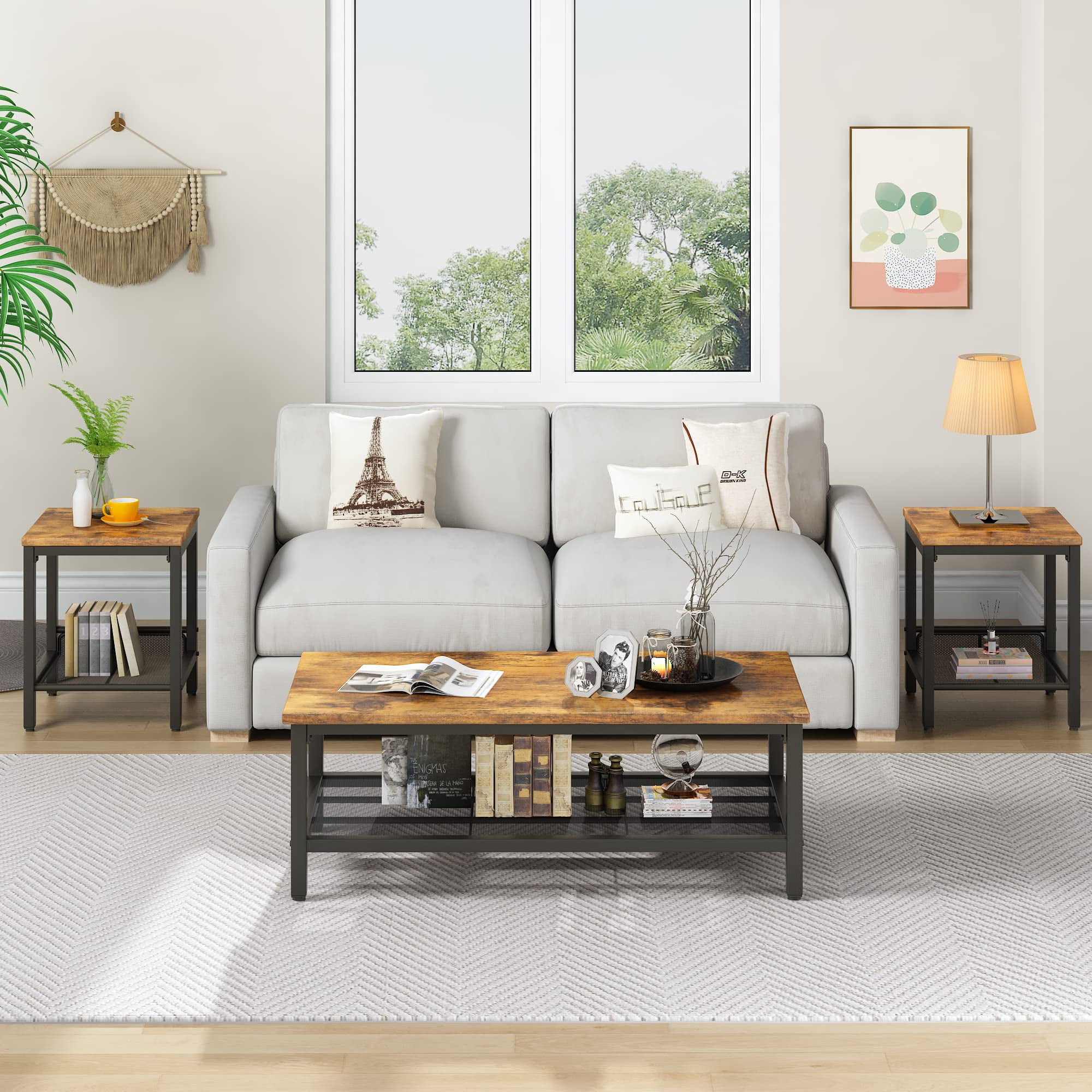 Lamerge Storage 3 Piece Modern Living Room Wooden Industrial Coffee Table Set，Brown