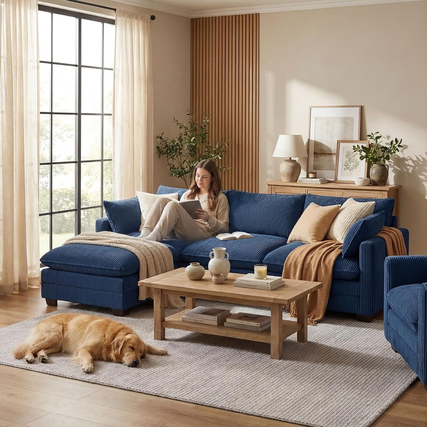 Noelse 110" L Shaped Sofa Couch Modular Sectional Cloud Couch with Movable Ottoman, 3-Seater Comfy Corduroy Deep Seat Sofa with 2 Pillows for Living Room, Bedroom, Blue, Clearance