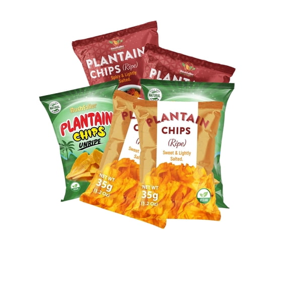 Bushfaller Mixed Plantain Chips Variety Pack, (1.2 oz, 6-Packs), Healthy Snack Made With 100% Vegetable Oil, Non-GMO, Zero Sugar, Vegan. (2 x Naturally sweet, 2 x Lightly Salted, 2 x spicy)