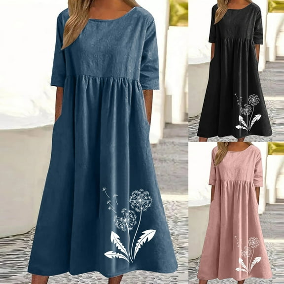 Kmdttou Plus Size Summer Dress for Women's Spring And Summer Round Neck Printed Cotton And Linen Casual Short Sleeved Dress