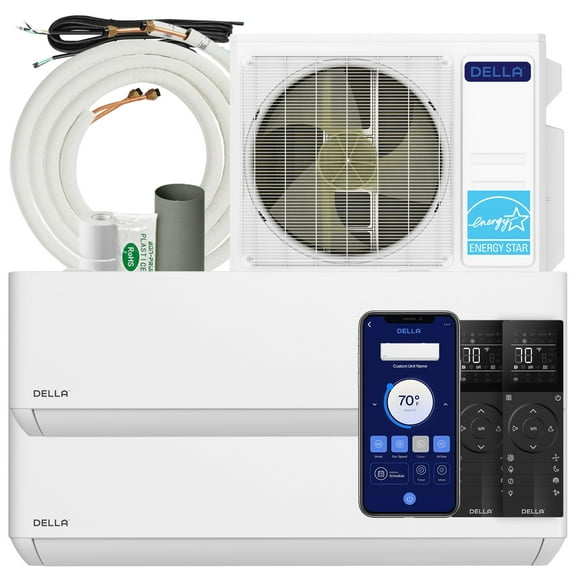 DELLA 18K BTU ODU 2 Zone 12000 12000 BTU 24 SEER2 208-230V Cools Up to 1100 Sq.Ft Wifi Multi Zone Mini Split Air Conditioner Ductless Pre-Charged Heat Pump Work with Alexa, 16ft Installation Kits