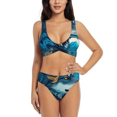 Zeuib Blue Iceberg Leaf Wolf High Waisted Tummy Control Bikini Set - Knot Front Push Up Top & Cheeky Thong Bottom  Two-Piece Swimsuit for Women-Large