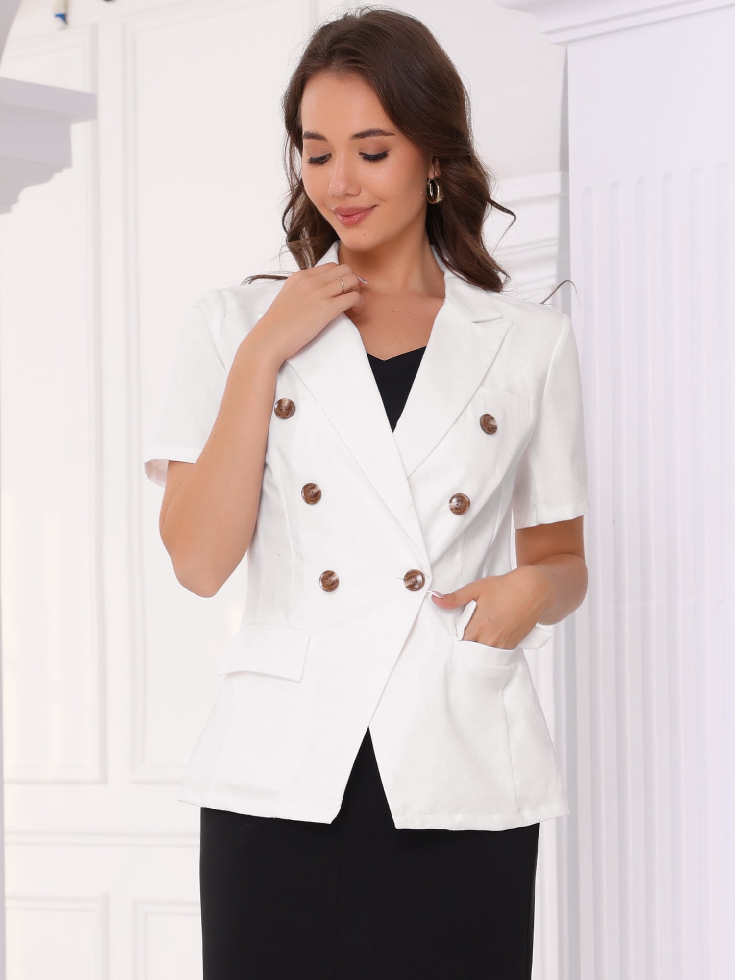 DARING DIVA Women's Double Breasted Work Office Short Sleeve Lapel Blazer S White