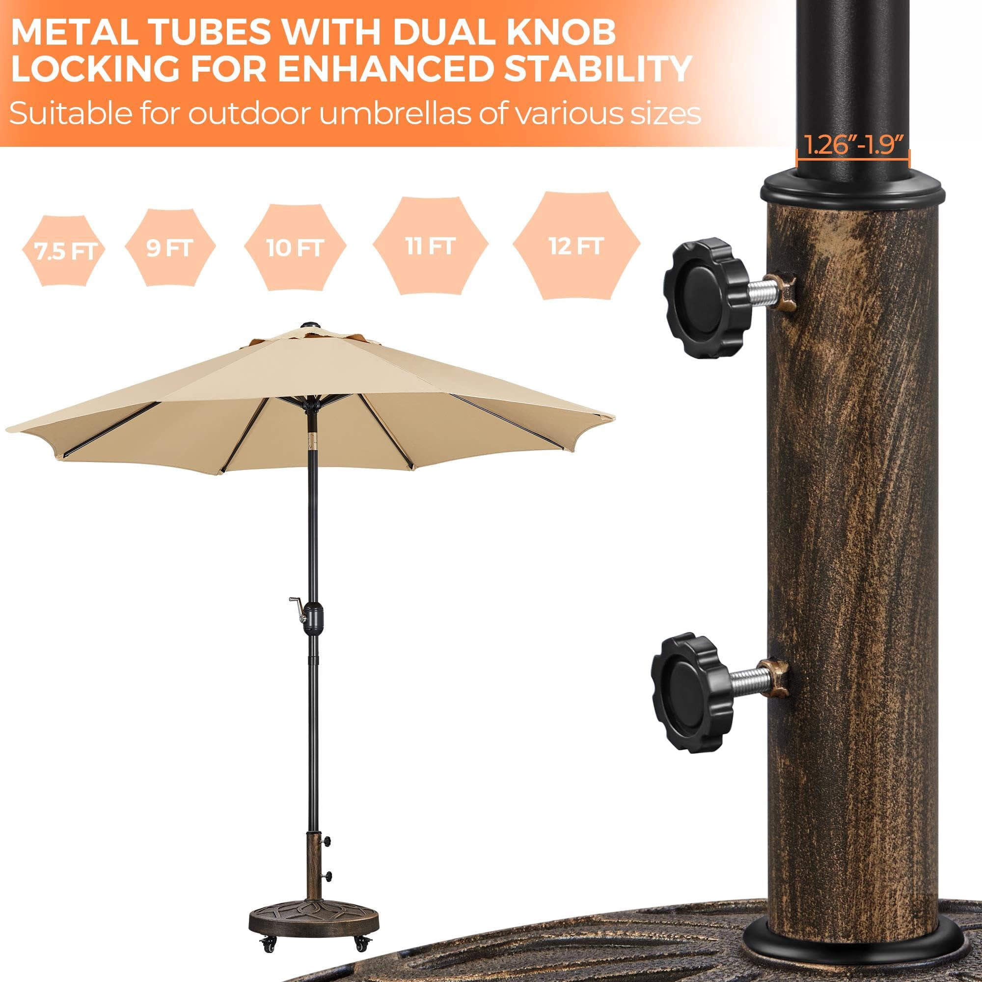 Heavy Duty Round Umbrella Base with Lockable Wheels, 20 Inch Market Patio Umbrella Stand for Garden, Yard, Outdoor, Fits Standard 1.5 to 1.9 Inch Poles, Bronze