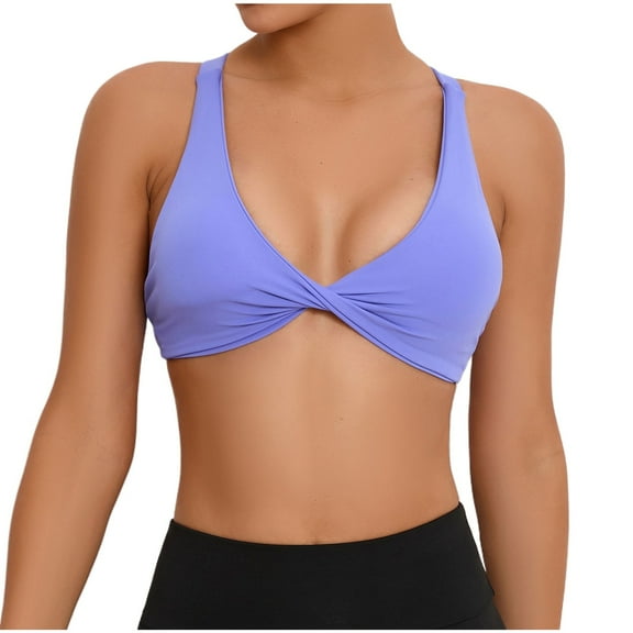 Xfvqtps Two Ways Twist Sports Bra for Women Back Cross Straps Deep V Neck Backless Gym Top Fitness Workout Bras Purple