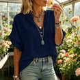thumbnail image 5 of hlysgo Women's Cotton Blend Tops Notched V Neck Blouse Double Layer Frayed Raw Edge Sleeve Boho Beach Vacation Shirts Navy,S, 5 of 6