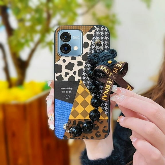 KDY-Phone Case For MOTO G Stylus 5G 2023, Simplicity soft case Cartoon Anti-knock Dirt-resistant Waterproof cute Skin-friendly feel silicone Back Cover Black pearl pendant Bear bracelet