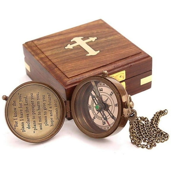 Rii Brand Brass Antique Color Compass with Wooden Box Engraved "For I Know"