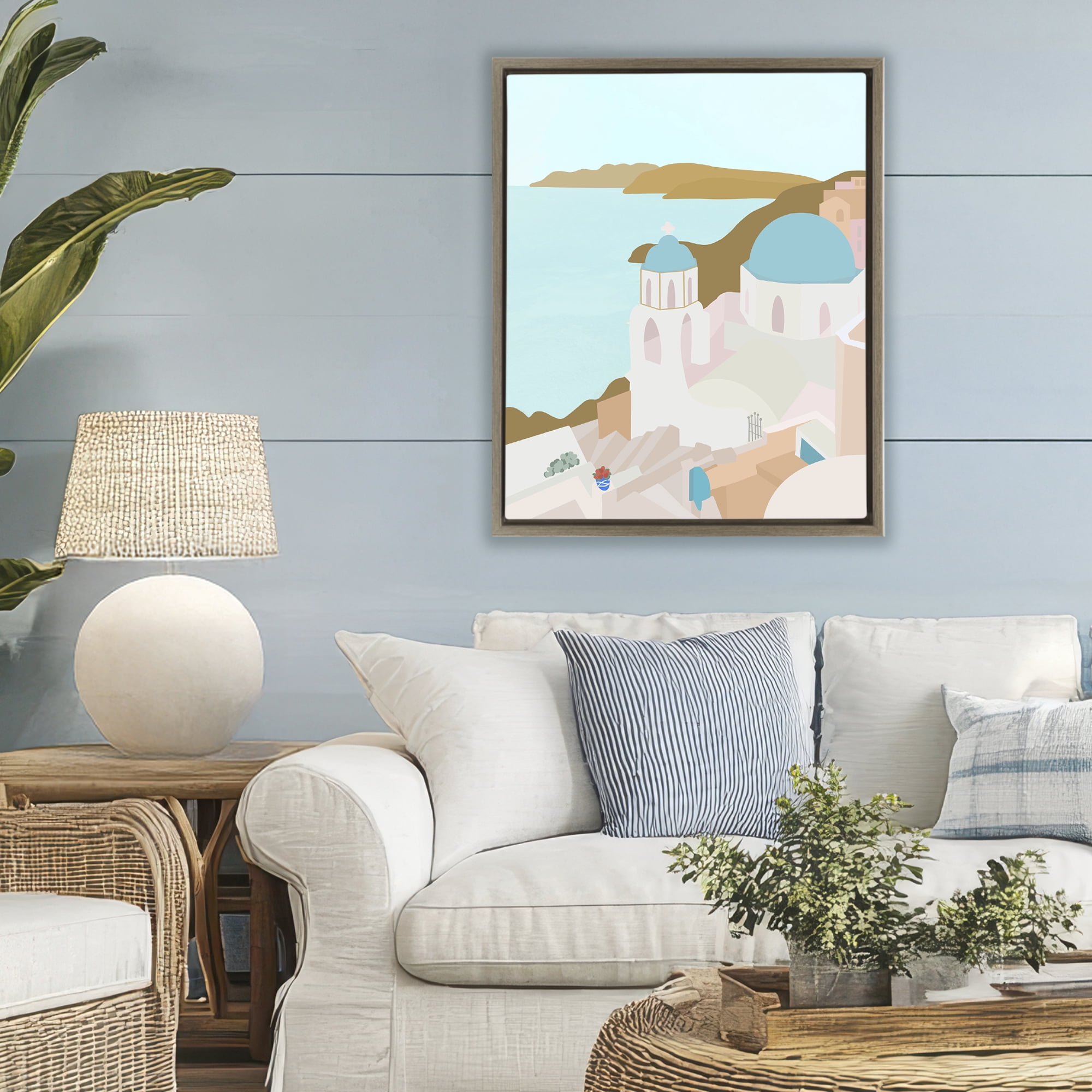 Stupell Industries Coastal Santorini Vibes Brown Framed Floater Canvas Wall Art, design by Anna Quach