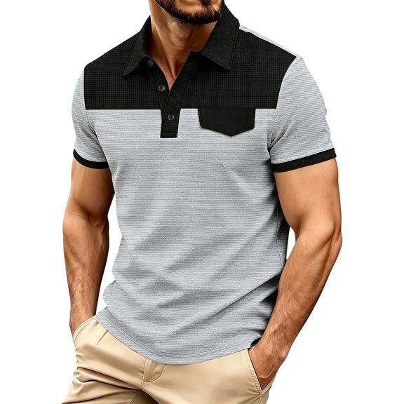 LEKWK Shirt for Men Short Sleeve Color Block Golf Shirt with Chest Pocket Casual Collared Tennis Top Lightweight Breathable Summer Activewear Gray S