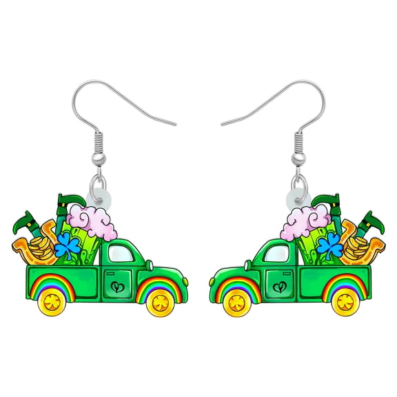 St. Patrick's Day Acrylic Green Truck Earrings Car Dangle Jewelry for Women Charm Holiday Party Gift
