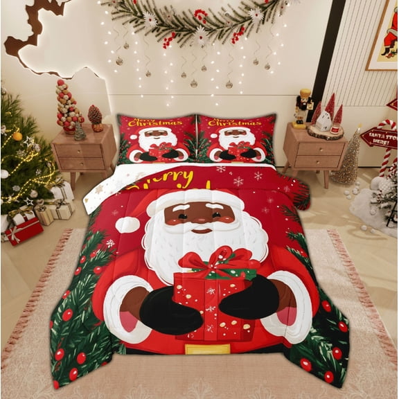 Feelyou Black Santa Claus Full Size Comforter Sets, Winter Christmas Bedding Comforter Set, Xmas Tree Gift Reversible Bedding Sets, Lightweight Room Decor,3 Pieces