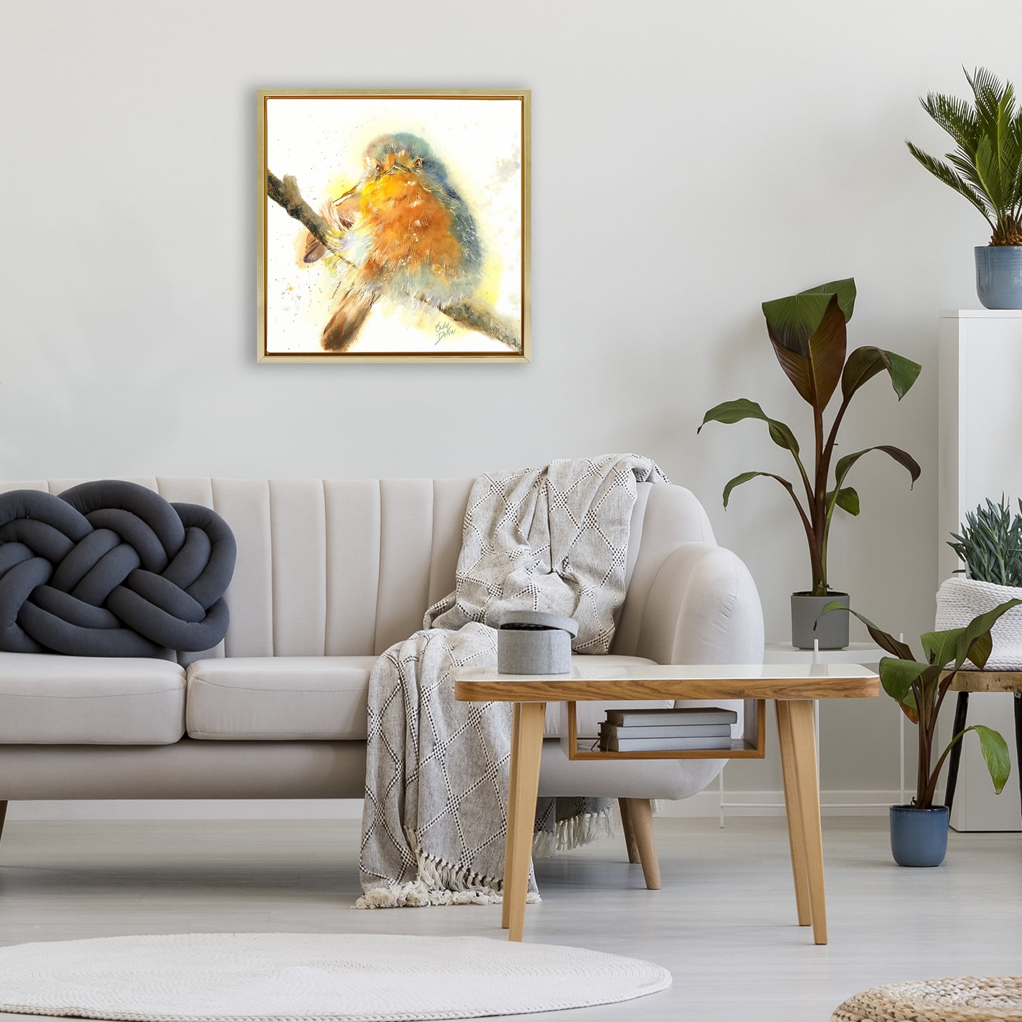 Stupell Industries Seated Songbird Watercolor Gold Framed Floater Canvas Wall Art, design by Cady Driver