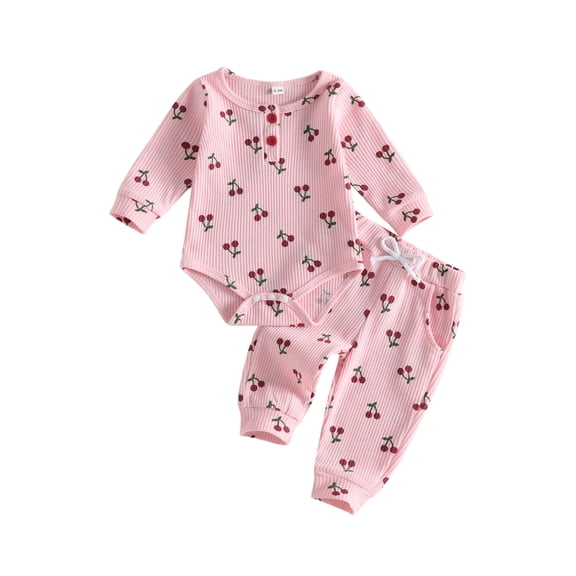 Loicainy Infant Baby Girls Fall Outfit 3 6 9 12 18 Months Cherry Print Long Sleeves Romper and Pants Clothes Set
