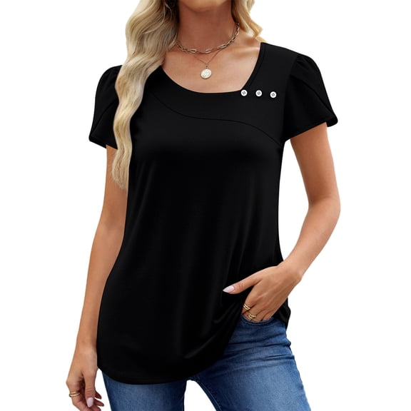 UVN Womens Summer Blouses Short Petal Sleeve Square Neck Ladies Button Shirts Dressy Casual Tunic Tops