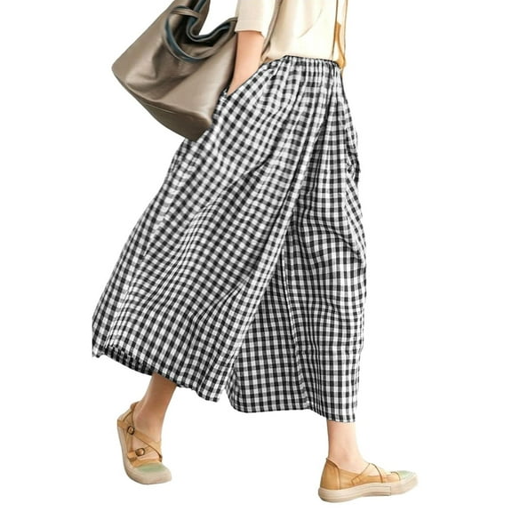 Womens Wide Leg Pants Cotton Gingham Plaid Culottes Summer Elastic Waist Palazzo Trousers Bottoms with Pockets Black XL