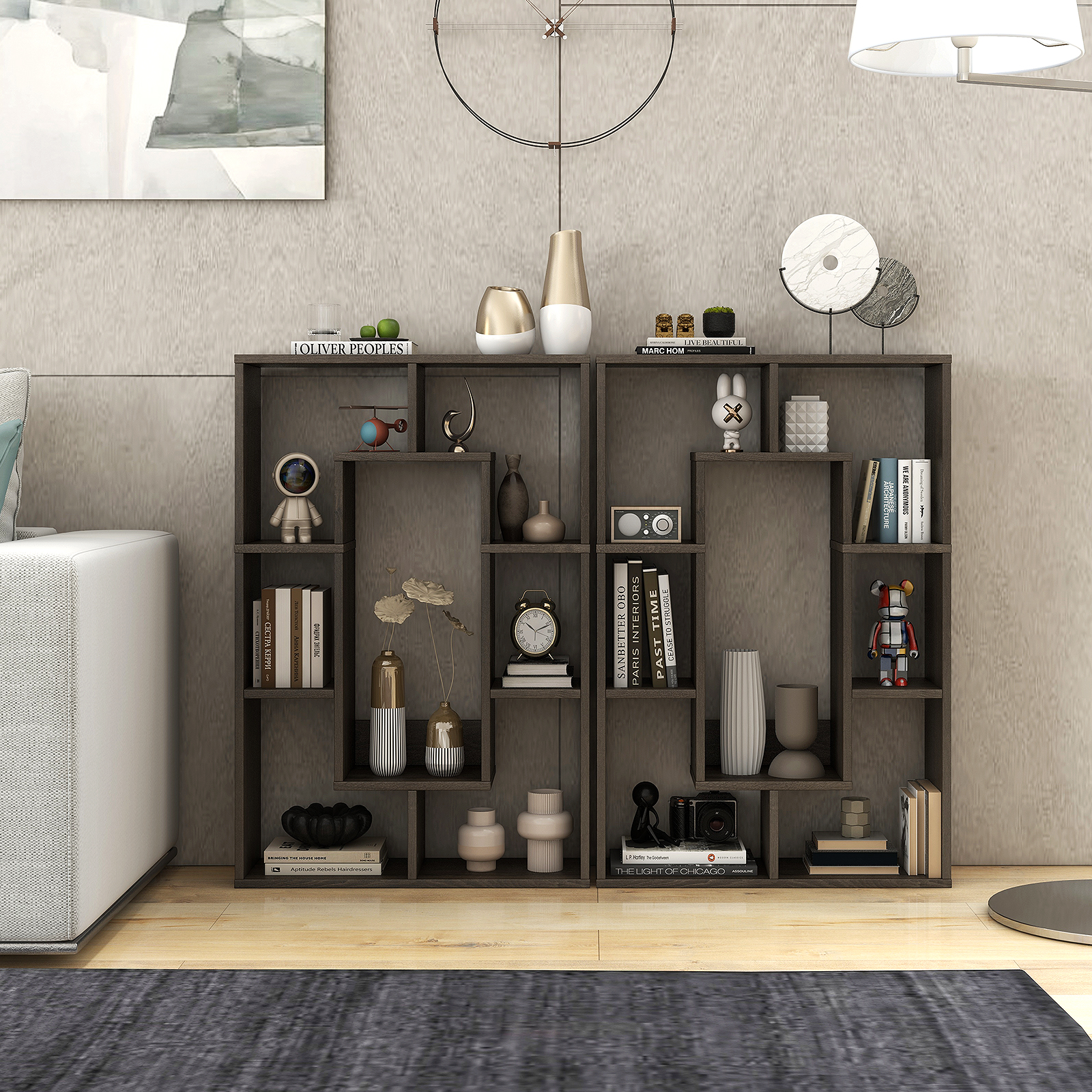 Giantex Wood Geometric Bookshelf, Freestanding Open Bookcase w/7 Cubes, Storage Display Rack for Home Office, Gray