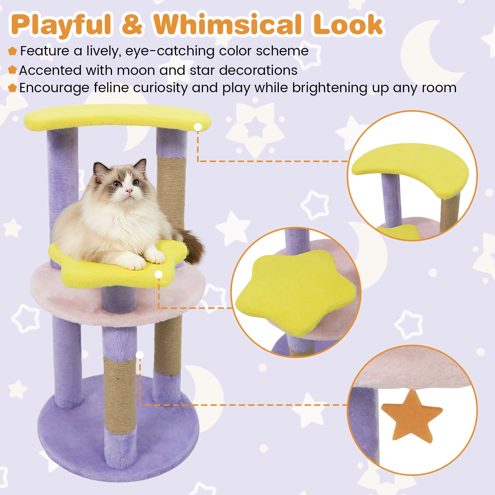 Costway 29” Cute Modern Cat Tree with Star & Moon Shaped Platforms, Jute Scratching Posts Purple