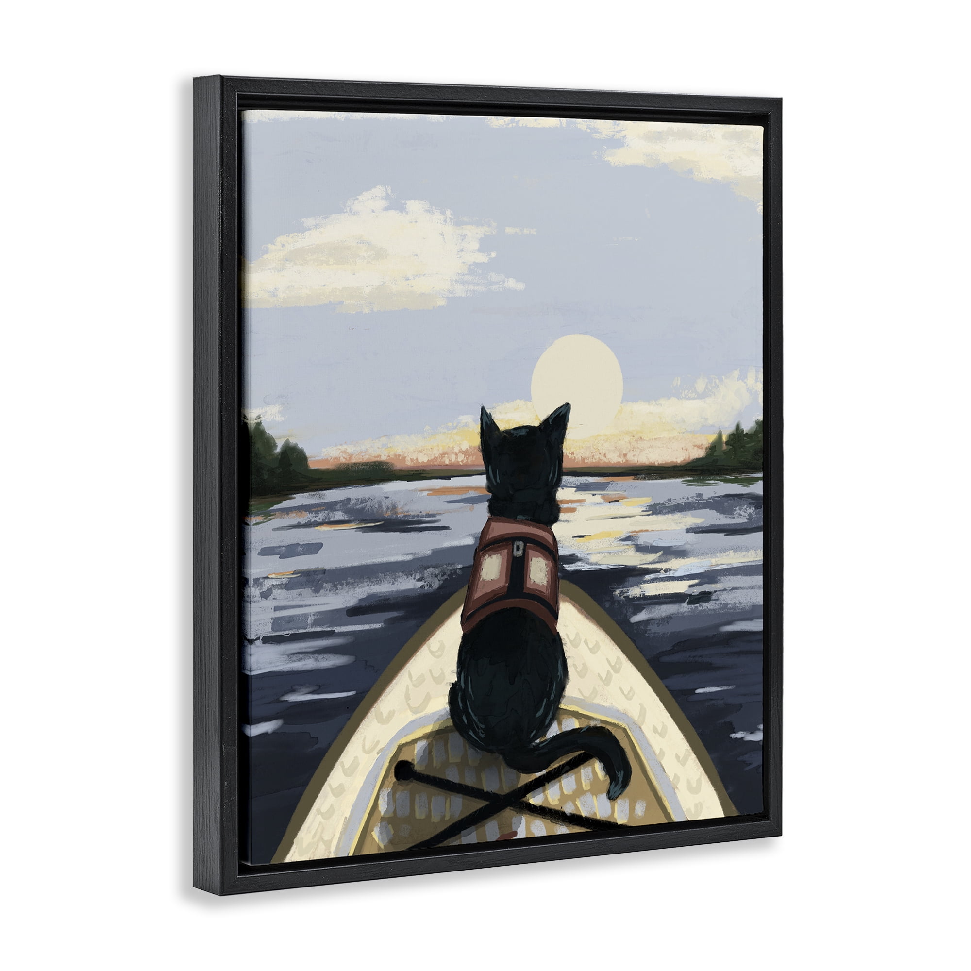 Stupell Industries Peaceful Cat Viewing Lake Black Framed Floater Canvas Wall Art, design by Denise Bartkus