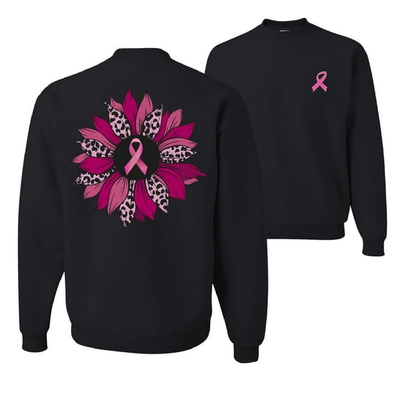 Wild Bobby Pink Cheetah Print Breast Cancer Carnation Flower Breast Cancer Awareness Front and Back Unisex Crewneck Sweatshirt, Black, Small
