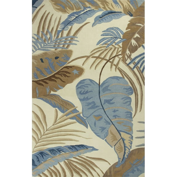 5'x8' Ivory Blue Hand Tufted Tropical Leaves Indoor Area Rug