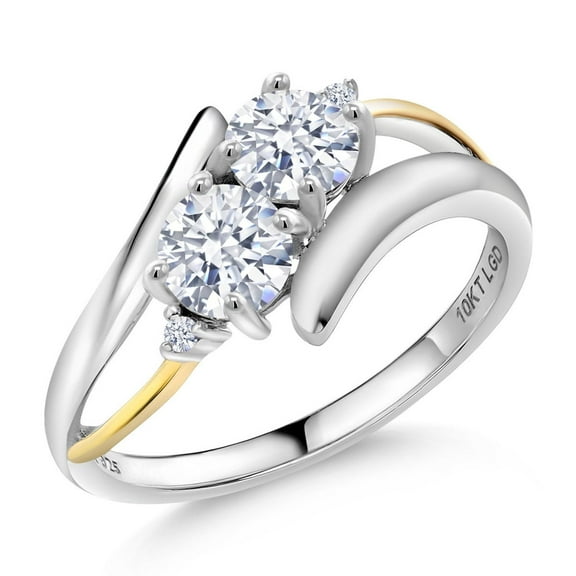Gem Stone King 925 Silver and 10K Yellow Gold Round CZ Simulated Diamond Two Stone Crossover Ring for Women (1.53 Cttw, Size 7)