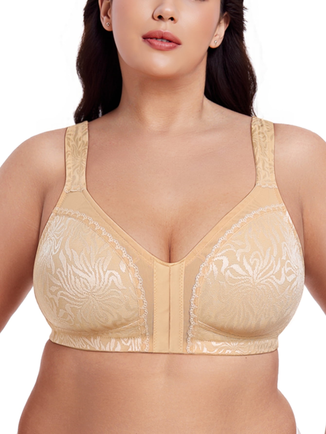 Deyllo Women Front Closure Wireless Bras Plus Size Minimizer Bras Full Coverage Non Padded Dark Beige Bras Clothes Size 38DDD