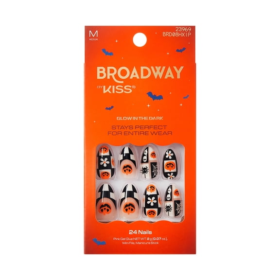 Broadway by Kiss Press On Nails Almond, Batty Beauty, Orange & Black, Medium, 24 Count